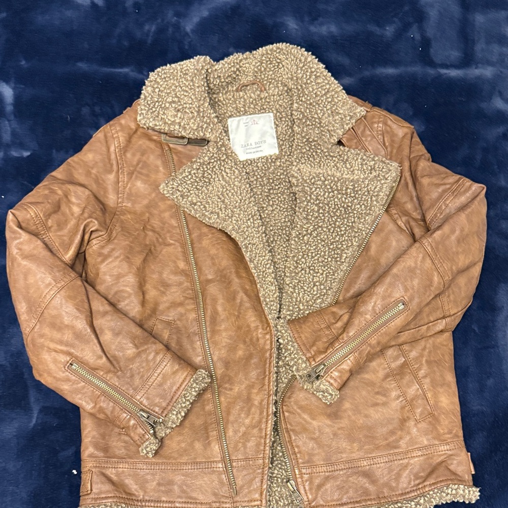 Zara Boys Tan Faux Leather Jacket with Shearling